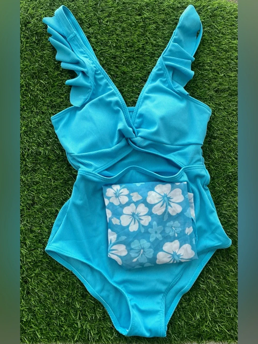 Girls Blue One Piece Swimsuit Set w/ Floral Cover Up Size 11-12